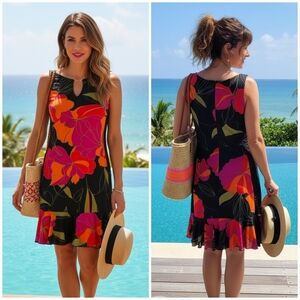 Joseph Ribkoff 6 Tropical Resortwear Vacation Silky Knit Flounce Hem Midi Dress